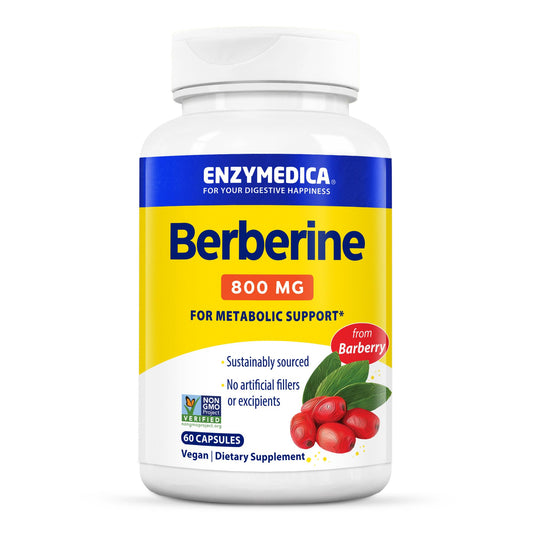 Enzymedica Berberina 800 mg en cápsulas: botella para posible apoyo metabólico.