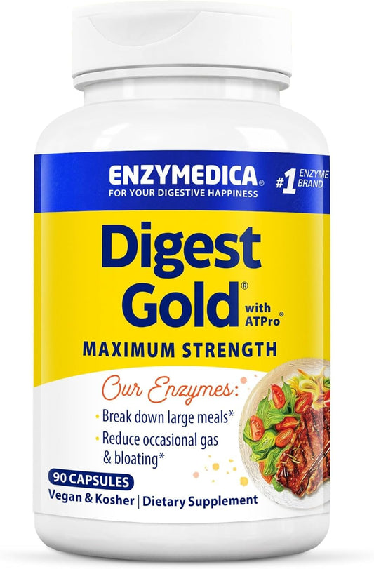 Digest Gold + ATPro de Enzymedica en botella, apoyo para digestión de comidas abundantes.