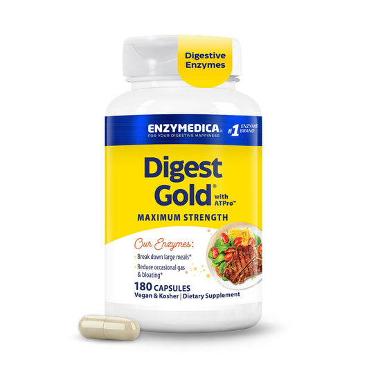 Enzymedica envase frontal de Digest Gold mostrando el tamaño y diseño