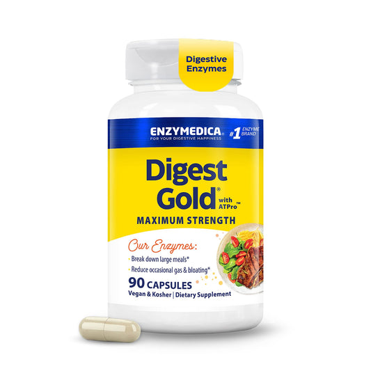 Enzymedica Digest Gold frente del envase mostrando diseño y 90 cápsulas, apoyo digestivo