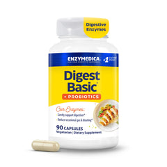 Enzymedica envase frontal mostrando 90 cápsulas y beneficios digestivos