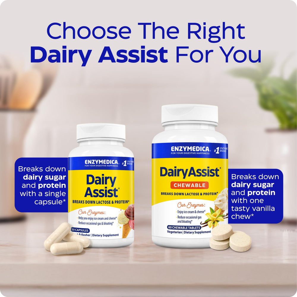 Mesa de desayuno con leche y queso y Enzymedica DairyAssist mostrando estilo de vida