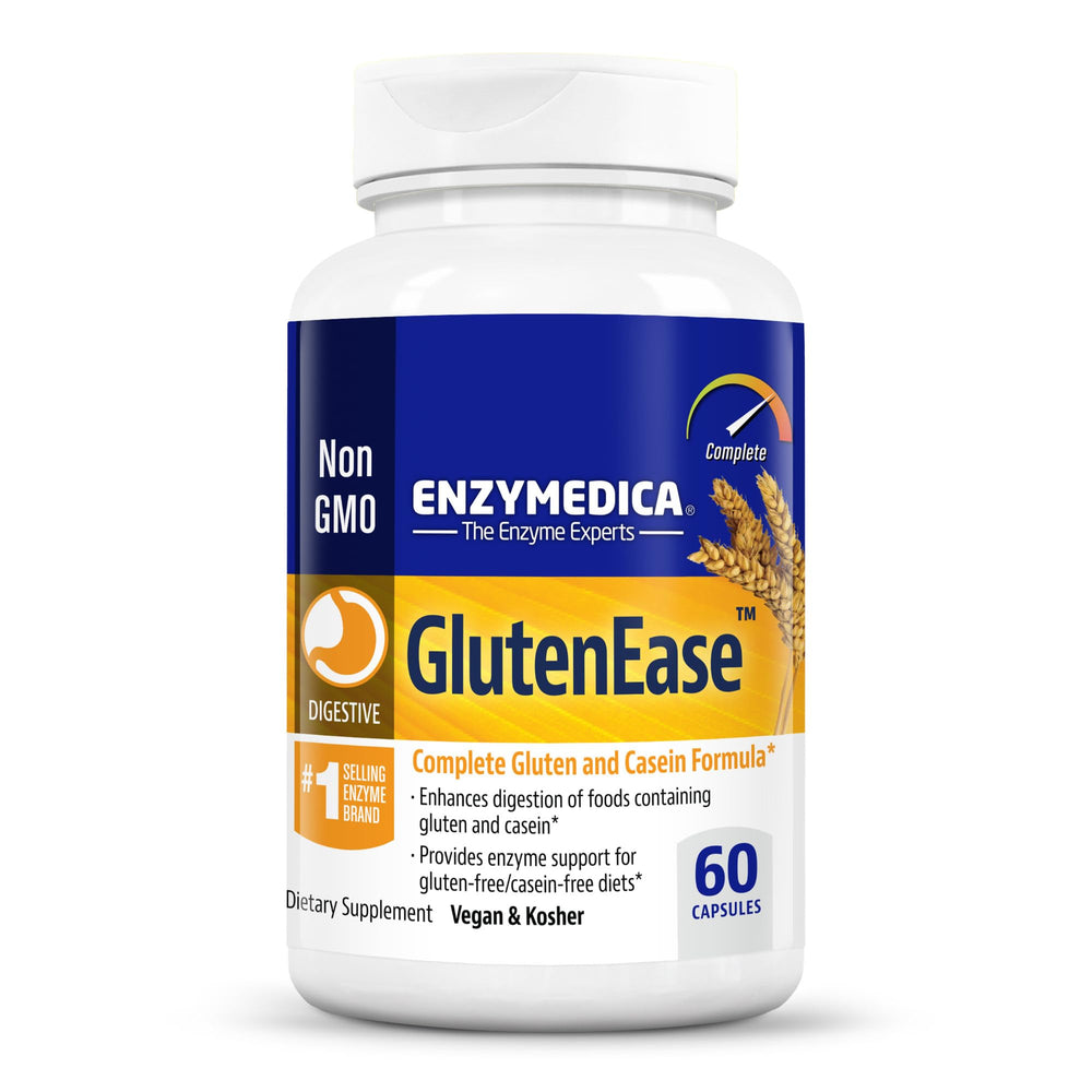 GlutenEase de Enzymedica, botella de cápsulas, facilita la digestión y alivio ocasional de hinchazón.