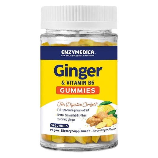 Enzymedica frasco frontal con gominolas limón-jengibre, fácil de identificar