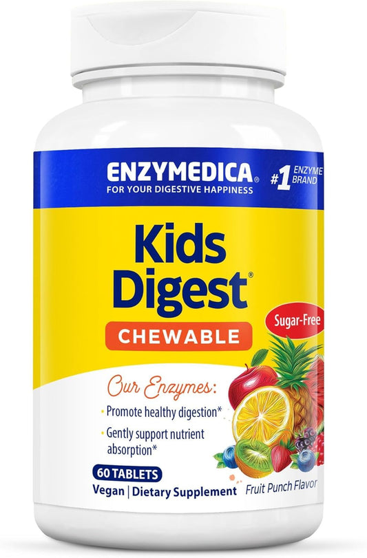 Enzymedica Kids Digest envase frutal para niños, fácil de identificar.