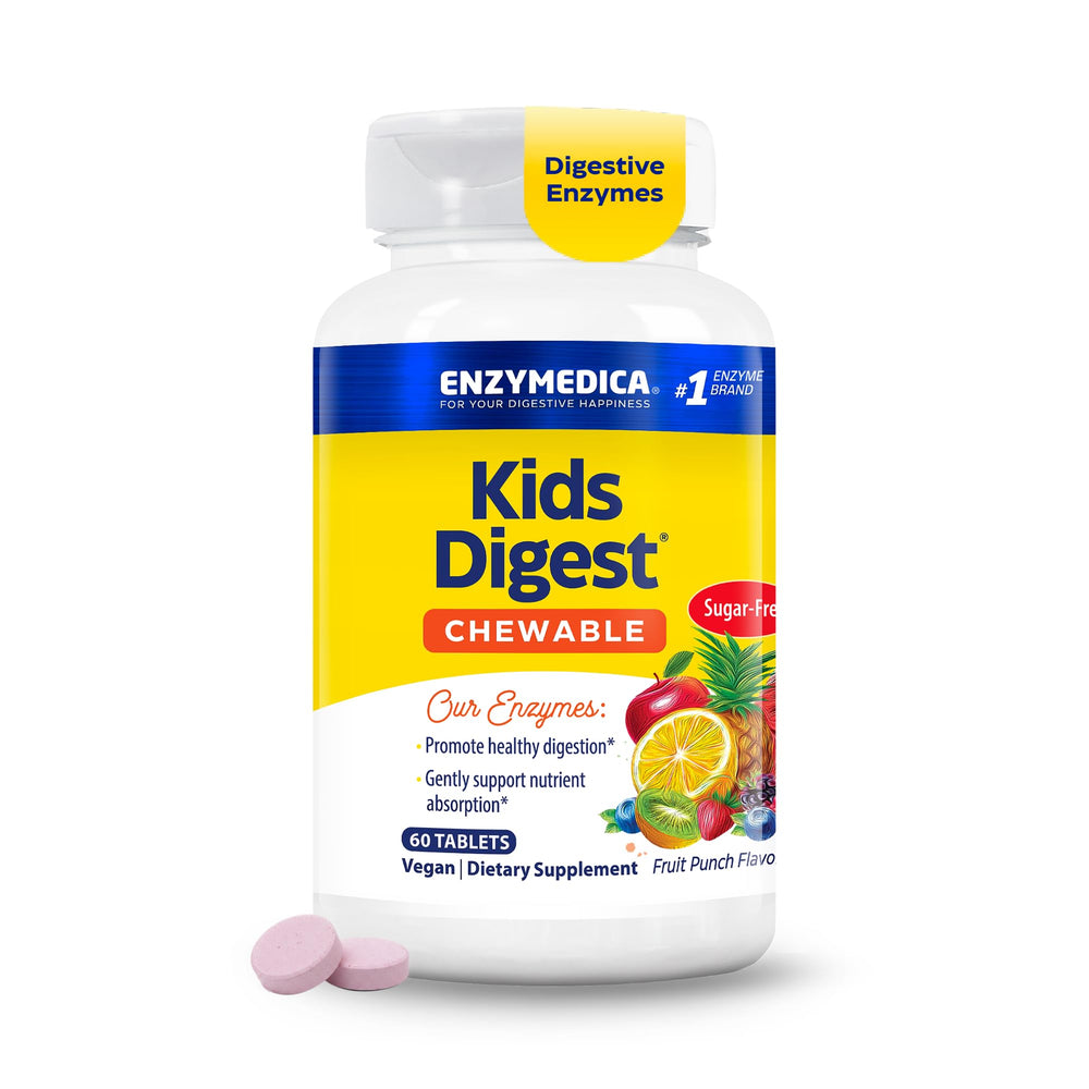 Enzymedica frasco frontal mostrando 60 tabletas para digestión infantil, beneficio comodidad