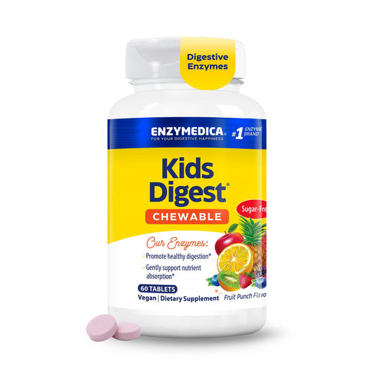 Enzymedica frasco frontal mostrando 60 tabletas para digestión infantil, beneficio comodidad