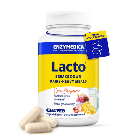 Enzymedica Lacto, botella de cápsulas de lactasa para apoyar la digestión de lácteos.