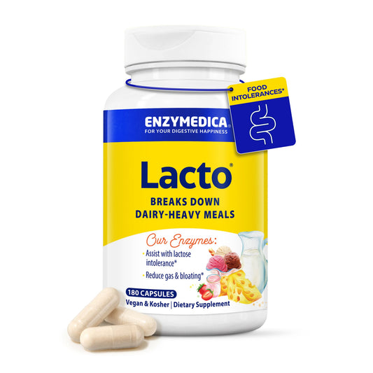 Enzymedica Lacto bottle front view shows dairy digestion support for lactose sensitive eaters.