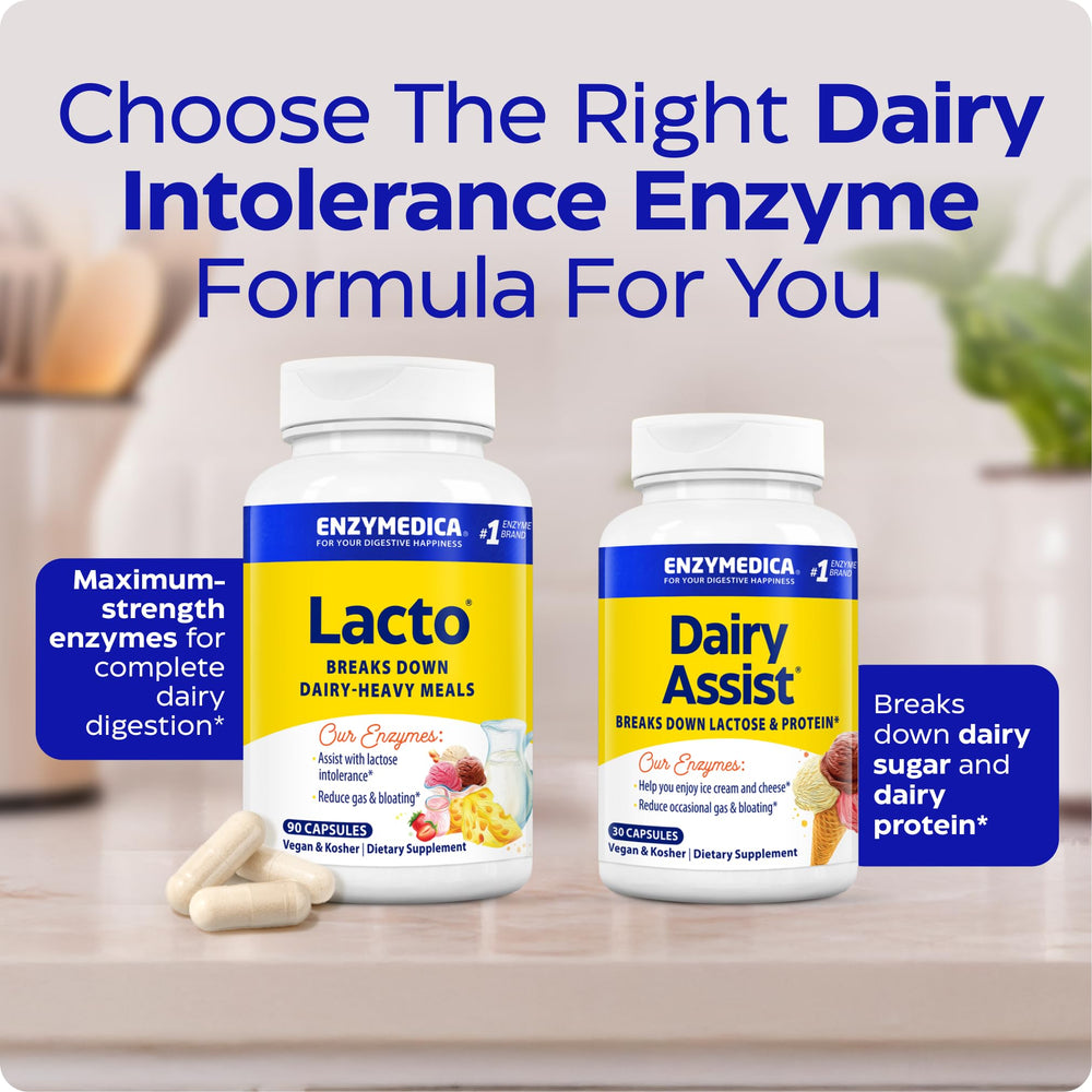 Enzymedica Lacto vegan kosher symbols indicate clean dairy support.