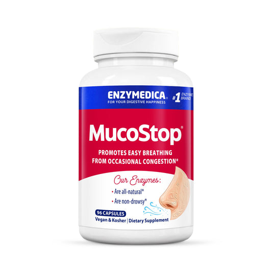 Enzymedica MucoStop: botella de cápsulas para apoyo respiratorio diario.