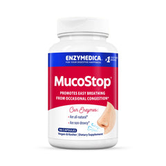 Enzymedica MucoStop: botella de cápsulas para apoyo respiratorio diario.