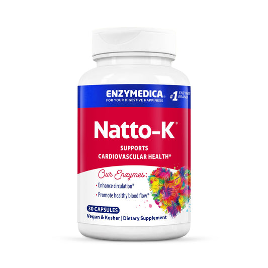 Enzymedica Natto-K, botella frontal, ideal para empezar una rutina de circulación.