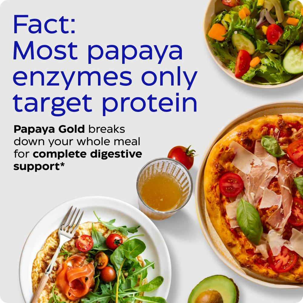 Etiqueta frontal de Enzymedica Papaya Gold con información de enzimas para descomposición.