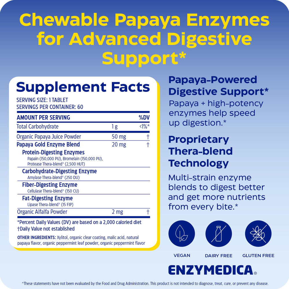 Enzymedica Papaya Gold tabletas en mano, masticable conveniente y portátil