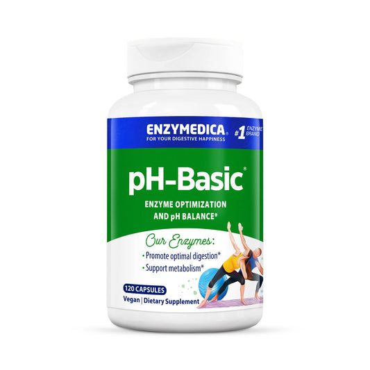 Enzymedica pH-Basic: botella frontal, posible apoyo para la digestión diaria.