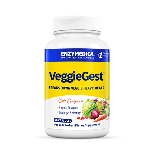 VeggieGest de Enzymedica, envase de cápsulas, apoyo digestivo diario para dietas veganas.