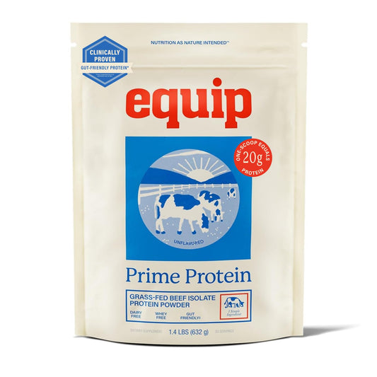 Equip envase Prime Protein Powder al frente mostrando diseño y tamaño, facilita elección informada
