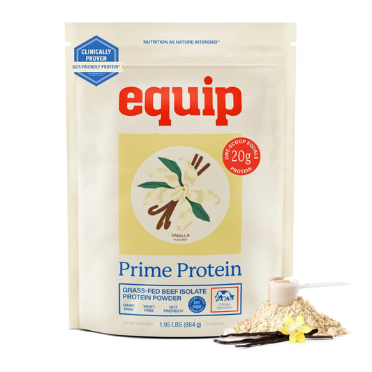 Envase Equip Prime Vanilla visto de frente que muestra diseño y tamaño, ideal para elección informada