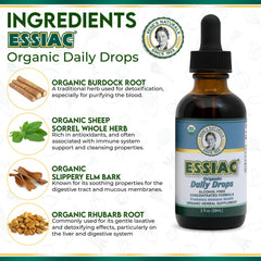 Essiac etiqueta con ingredientes orgánicos y sello tradicional