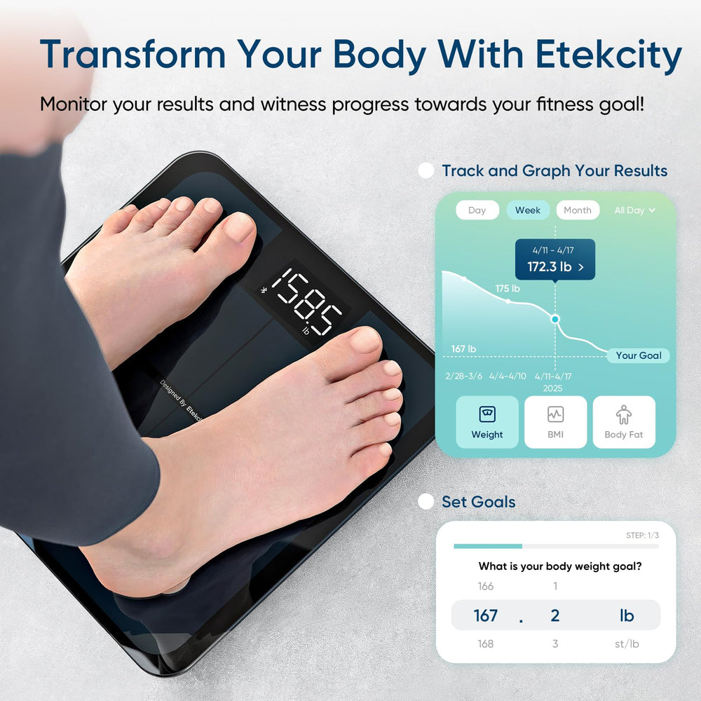 Etekcity báscula en uso con persona midiendo peso y seguimiento inmediato