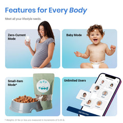 Etekcity comparación de tamaño junto a manos para referencia de escala