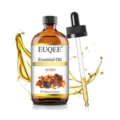 EUQEE mirra vista frontal botella ámbar, ideal para jabonería