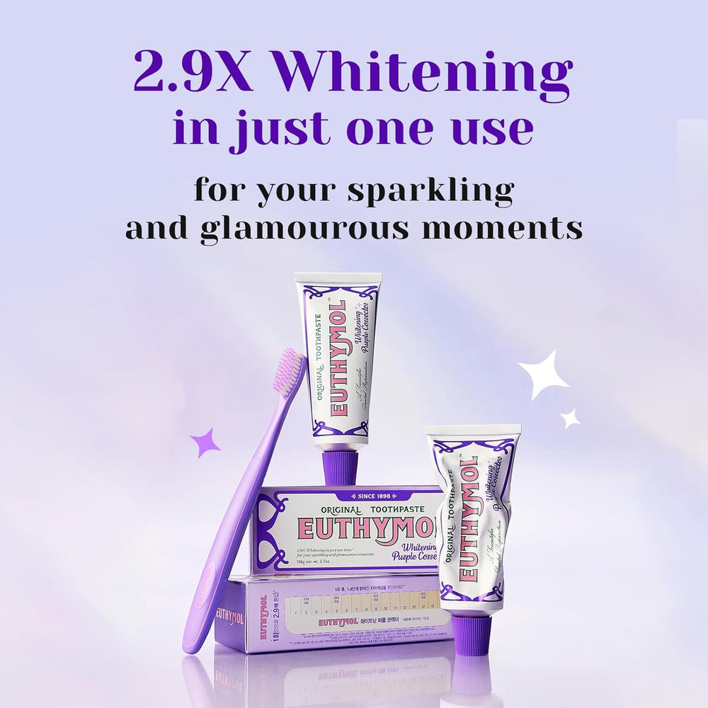 Euthymol color morado aplicado en mini cantidad mostrando efecto tono-up