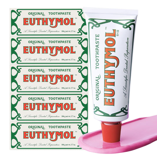 Euthymol tubo frontal rosado mostrando marca y beneficio de limpieza