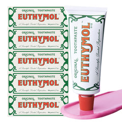 Euthymol tubo frontal rosado mostrando marca y beneficio de limpieza