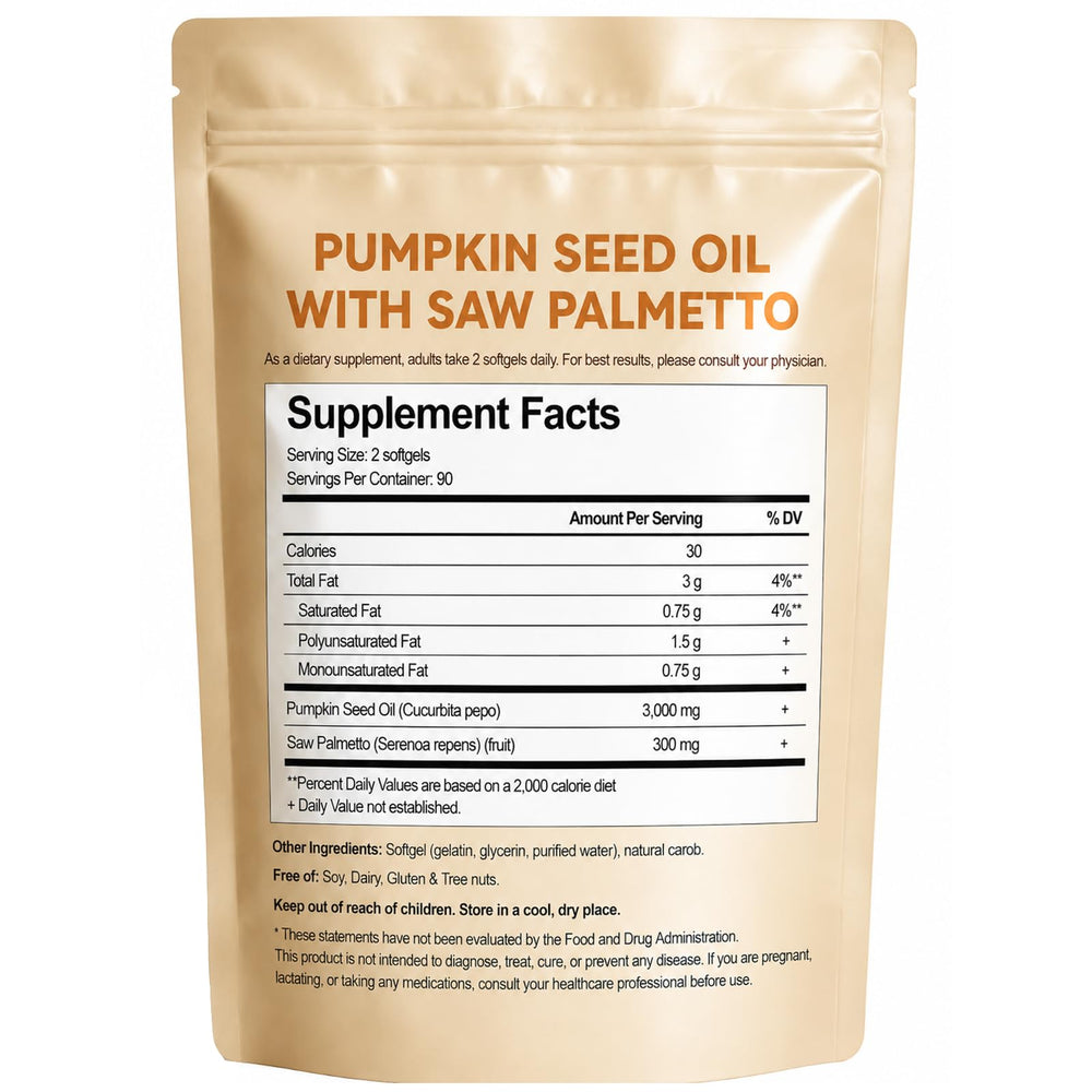 Everly Organic Pumpkin Seed - frasco sobre hojas y semillas, enfoque botánico natural