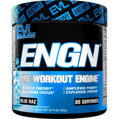Envase EVL ENGN frontal mostrando 30 porciones y sabor Blue Raz con confianza de marca