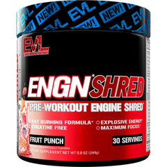 Evlution ENGN Shred frente del envase mostrando marca y sabor Fruit Punch