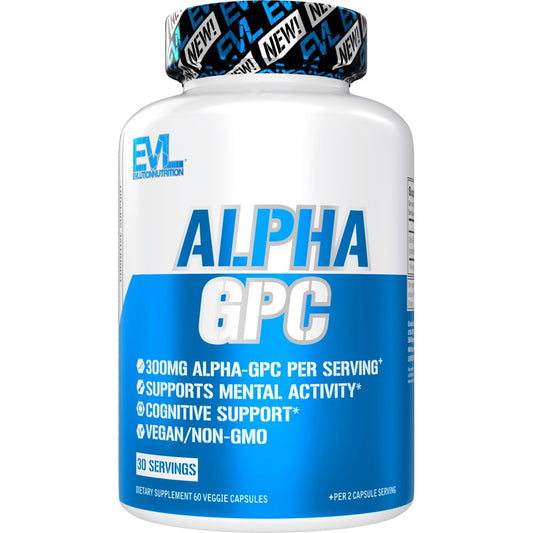 EVL Nutrition Alpha GPC botella: apoyo a la concentración y la memoria.