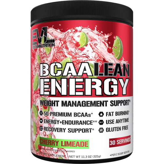 EVL BCAA Lean Energy Powder tarro frente, energía sostenida para entrenamientos intensos.