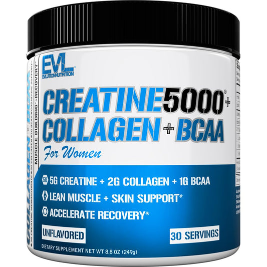 EVL Creatina5000 + Colágeno + BCAA en botella para uso diario y soporte muscular.