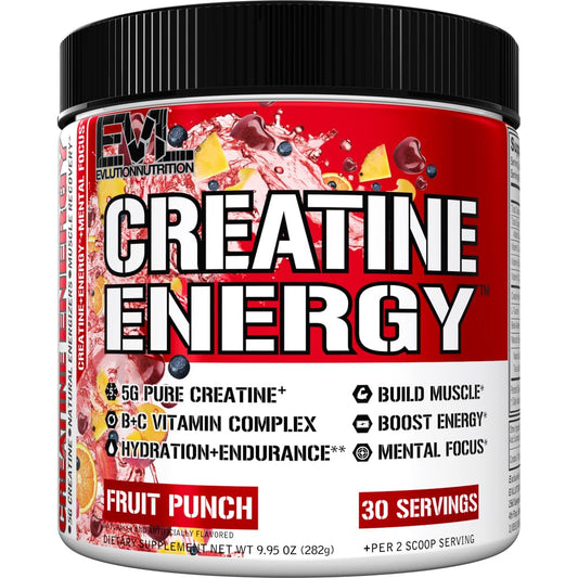 EVL Creatine Energy polvo Fruta Punch para energía sostenida durante el entrenamiento
