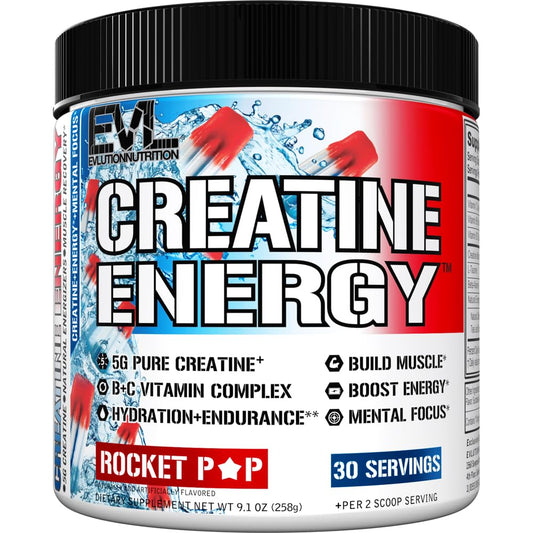 EVLUTION Creatine Energy Rocket Pop can labeled for performance and energy