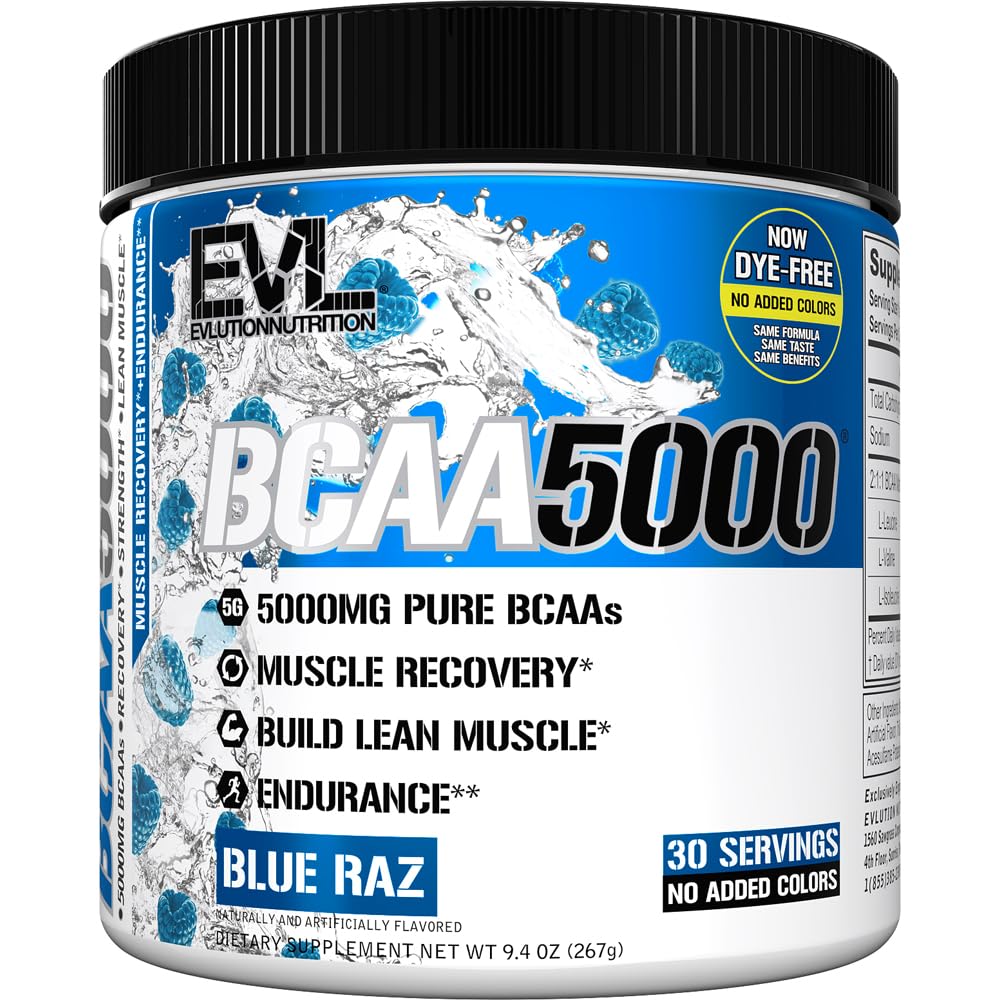 Evlution EVL BCAAs frente del envase mostrando sabor Blue Raz y beneficio recuperación