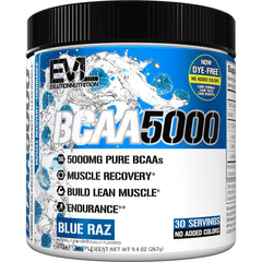 Evlution EVL BCAAs frente del envase mostrando sabor Blue Raz y beneficio recuperación