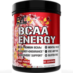 Envase EVL BCAA Energy Fruit Punch vista frontal, diseño claro y uso práctico