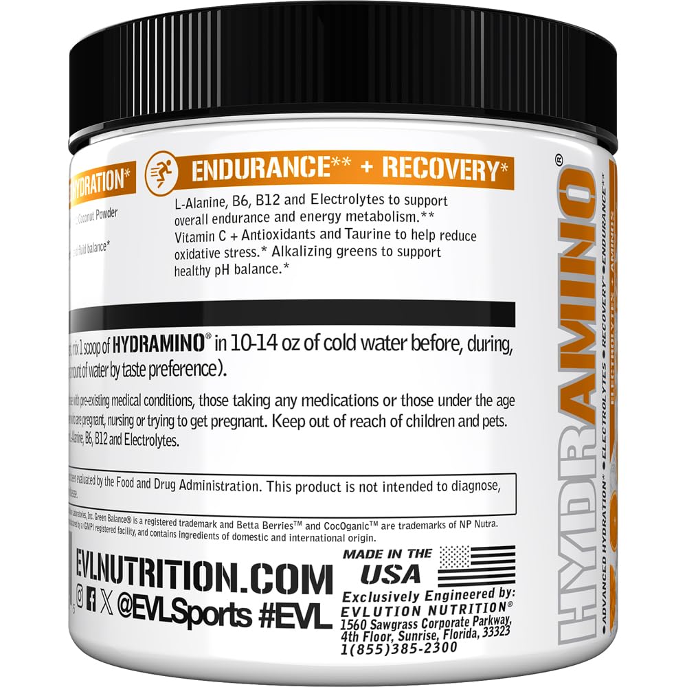 Evlution Hydramino etiqueta de ingredientes resaltando electrolitos y vitaminas