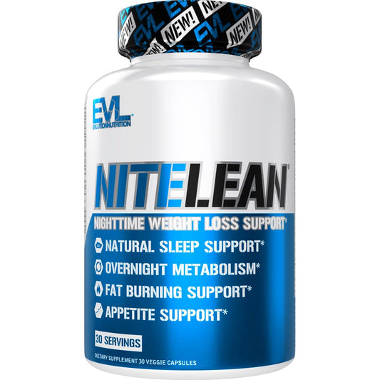 Evlution NiteLean bottle at night supports metabolism during sleep.