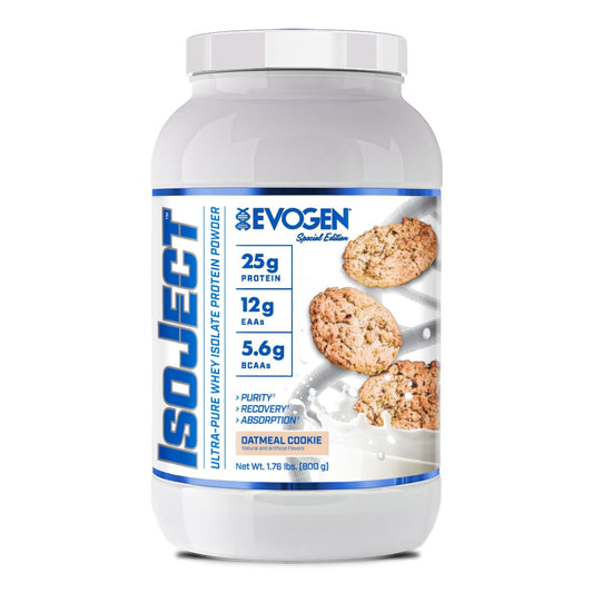 Evogen Isoject frente del envase mostrando diseño y sabor Oatmeal Cookie