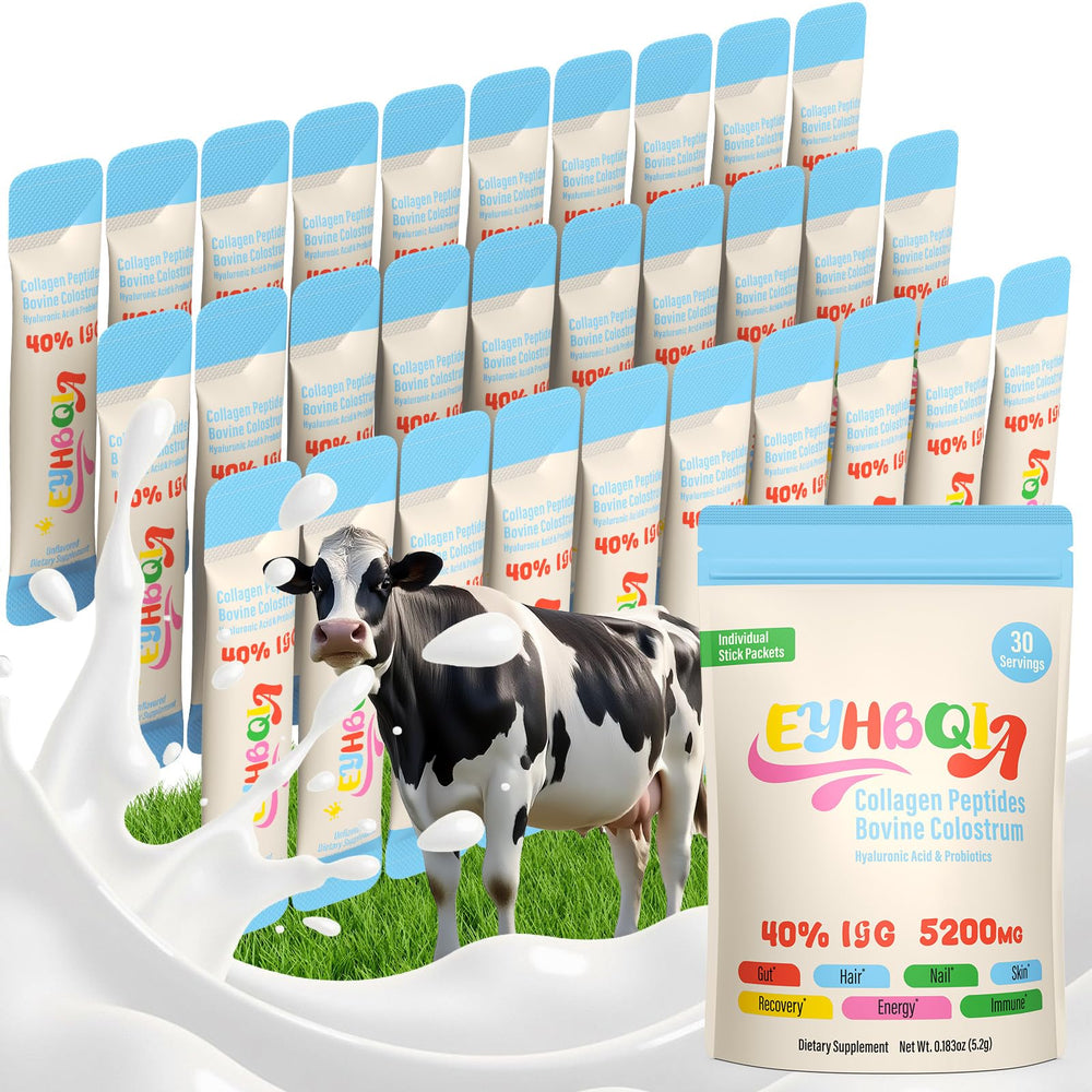 EYHBQIA Colágeno y Colostro botella mostrando el envase para piel e inmunidad