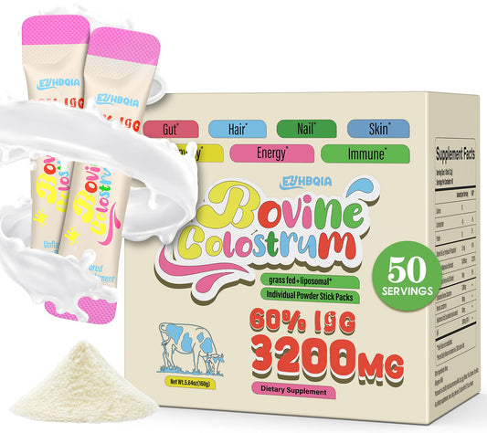 EYHBQIA colostrum powder packaging shows grass-fed origin for clean nutrition