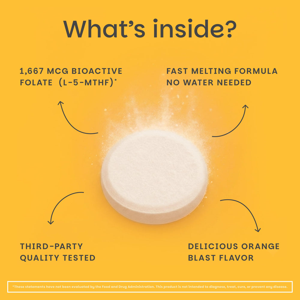 Etiqueta de EZ Melts con ingredientes y beneficio de folato metilado claro