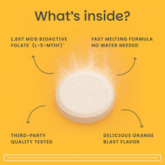 Etiqueta de EZ Melts con ingredientes y beneficio de folato metilado claro