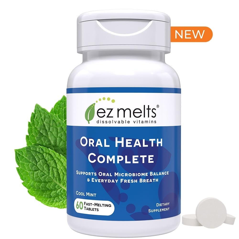 EZ Melts Salud Oral Completa en botella, tabletas disolubles para cuidado diario.