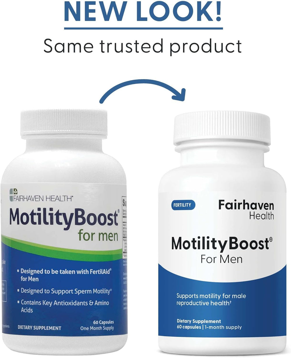 Fairhaven Health frasco MotilityBoost abierto con cápsulas visibles